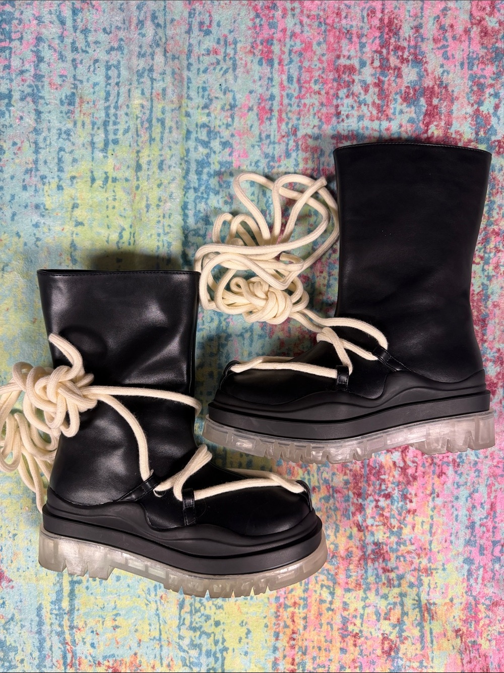 Black Lace-Up Platform Boots with Clear Lug Sole and Cream Laces